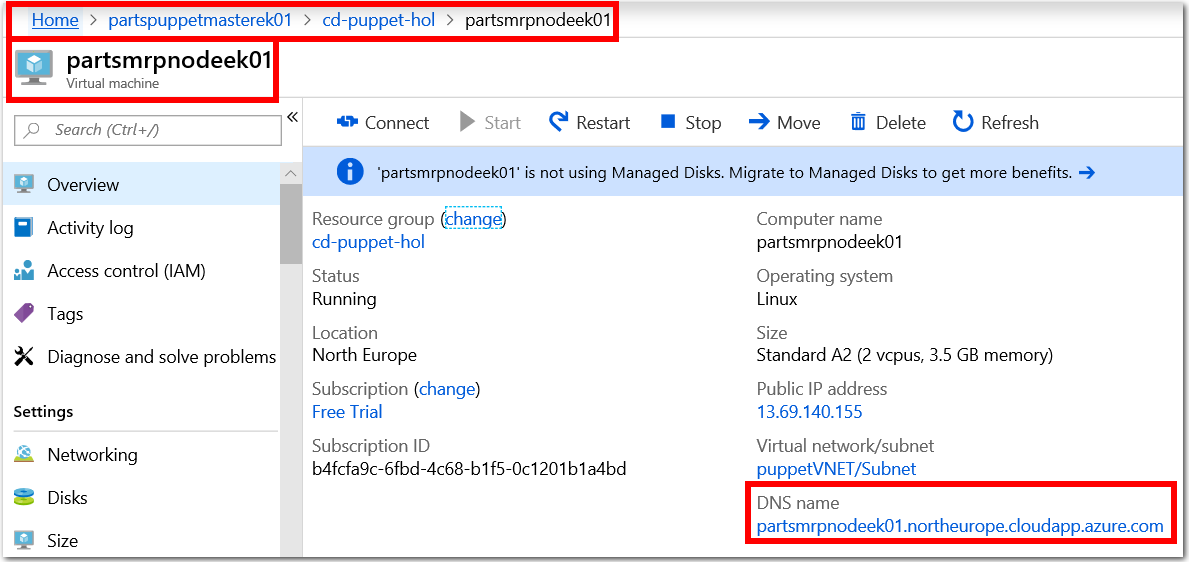 Screenshot of the Overview pane for the Node VM partsmrpnodeek01 in Azure Portal. The DNS name value for the Node VM partsmrpnodeek01 is highlighted to illustrate how to access the Node NS name value from the the Overview pane.